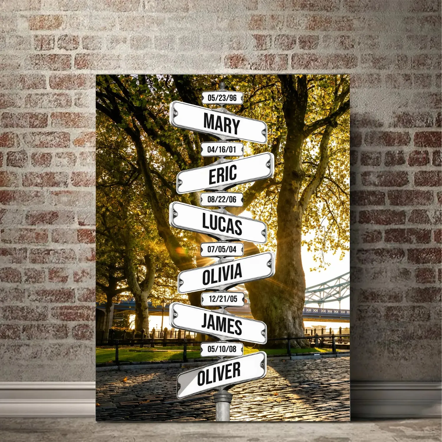 Custom Surname 2D Flat Street Sign Framed Canvas Art - Artistic Photo Print with Original Image, Personalized Home Decoration for Living Room,Kid Room, 1-7 People Multiple Names Directional Printing, Family Gift with Birth Date, Directional Text