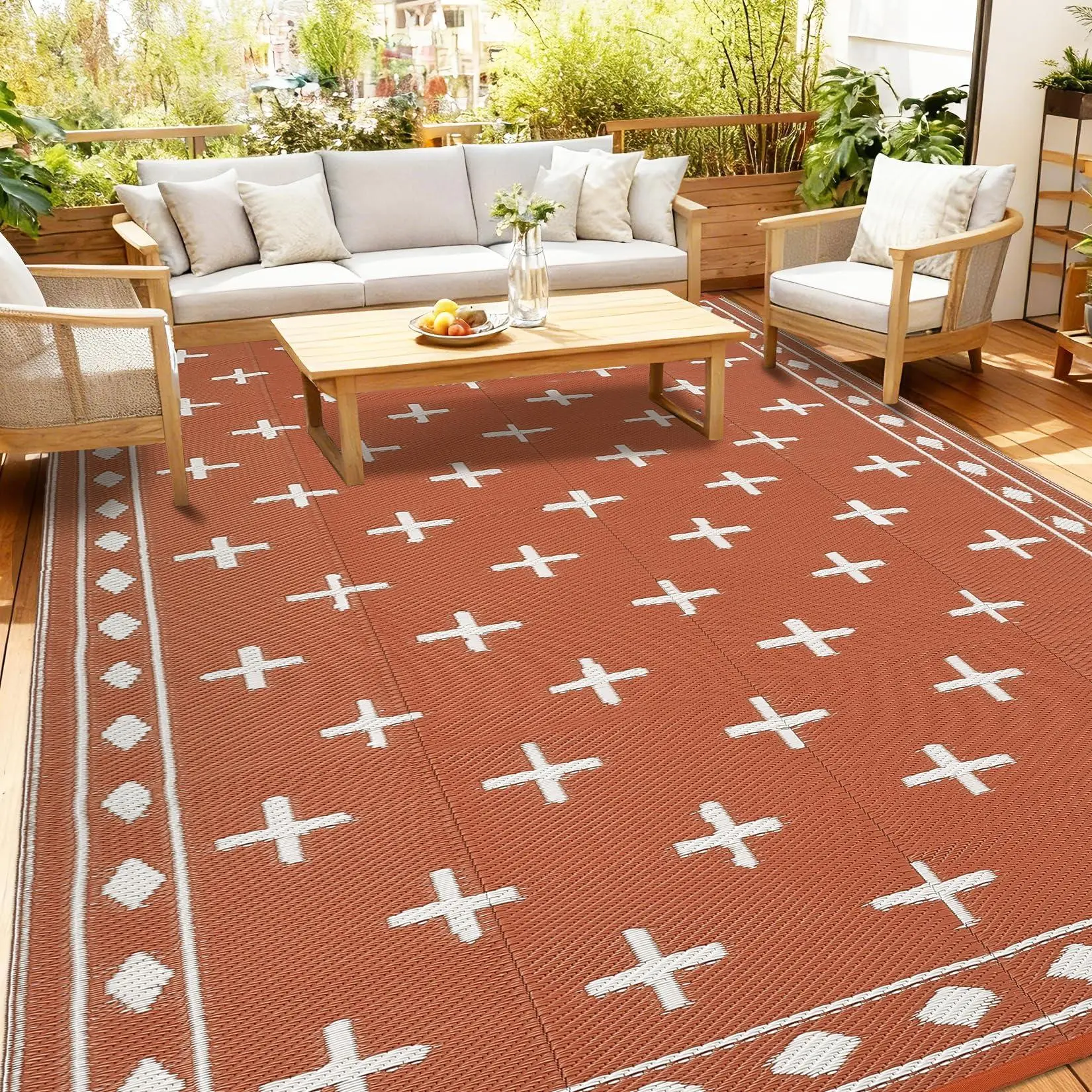 Geometric Outdoor Rug 9x12, Reversible Waterproof Plastic Straw Area Mat for Patio, RV Awning, Garden, Deck, Balcony, Camping and Beach,Terracotta Orange