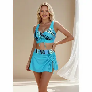 Women's 2-Piece Polyamide Bohemian Print Bikini Set - Blue Boho Swimsuit with Striped & Paisley Pattern Shorts