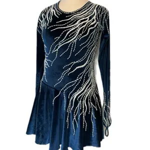 Blue and white performance skating dress / Elegant deep blue long sleeves figure skating dress / Blue velvet and white beads adult medium dance dress.