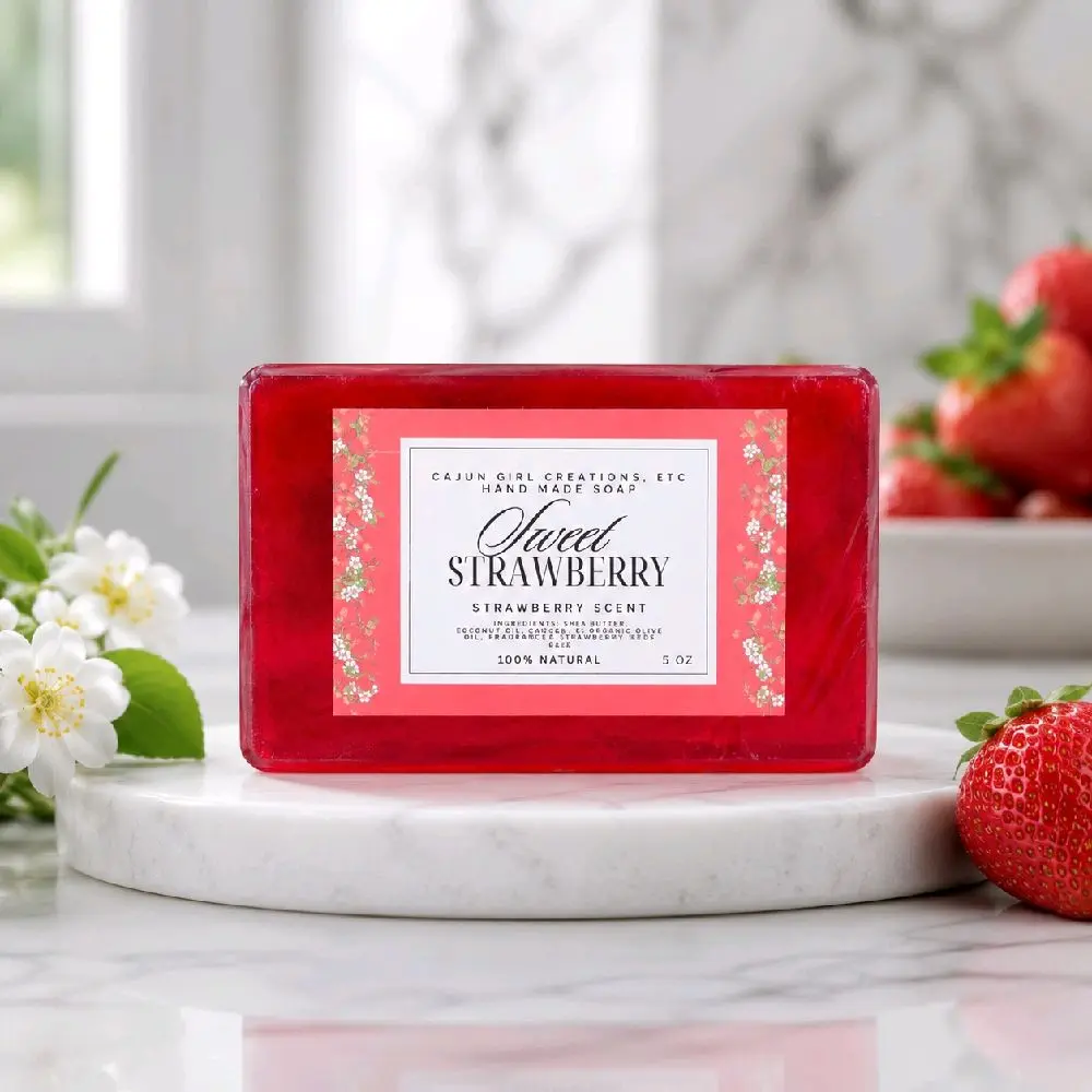 Natural Strawberry Scented Bar Soap - Handmade Gentle Vegan Sensitive Body Care, pH-Balanced Hydrating Cleanser with Fragrance Oil & Extra Virgin Olive Oil, Kitty Odor Control Single Item, Strawberry Shortcake, Face & Body