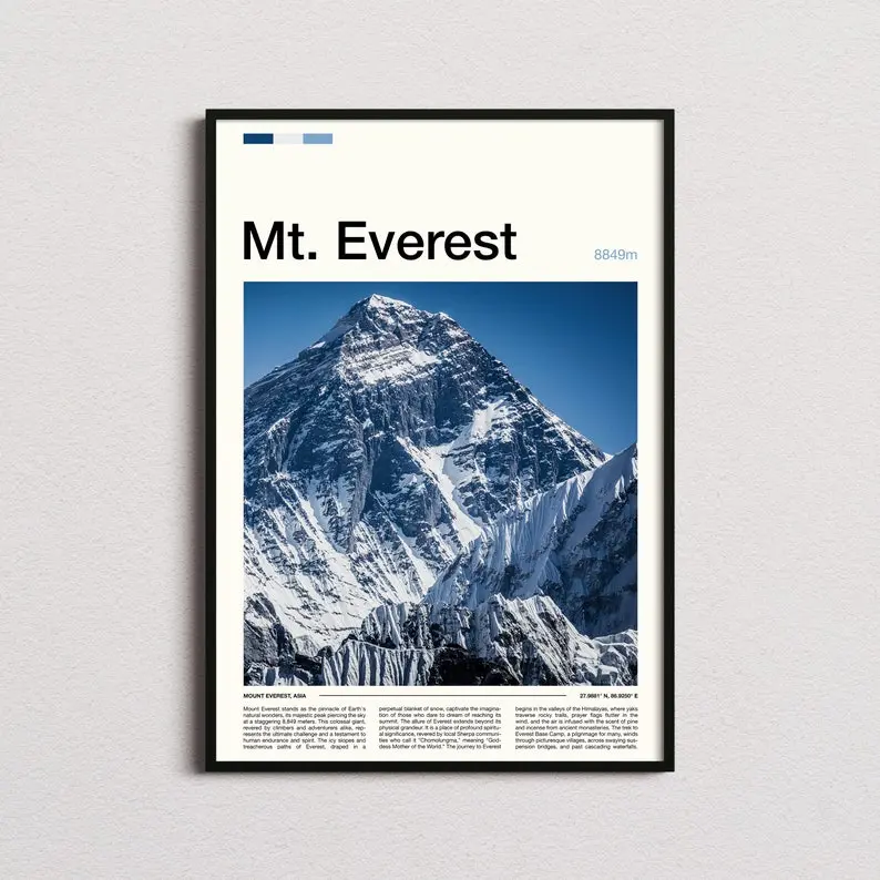 Artistic Bordered Mount Everest Photo Paper Print Poster - Unframed Wall Art, Home Decor Supplies, Hiker Gift