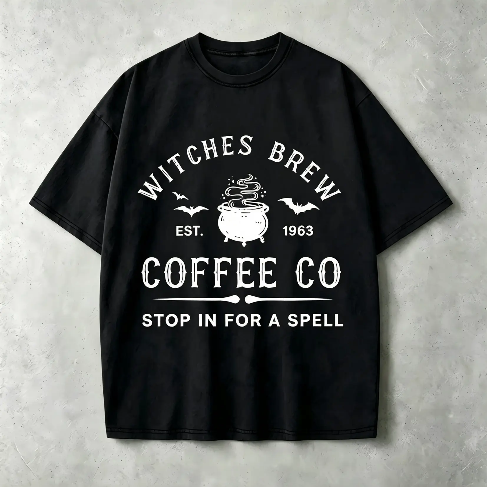 Men's Witches Brew Coffee Co Stop In For A Spell Graphic T-Shirt - Vintage Gothic Witch Shortleeve Round Neck Cotton Fabric Casual Pullover Shirt, Heavyweight Oversized Spooky Season Gift