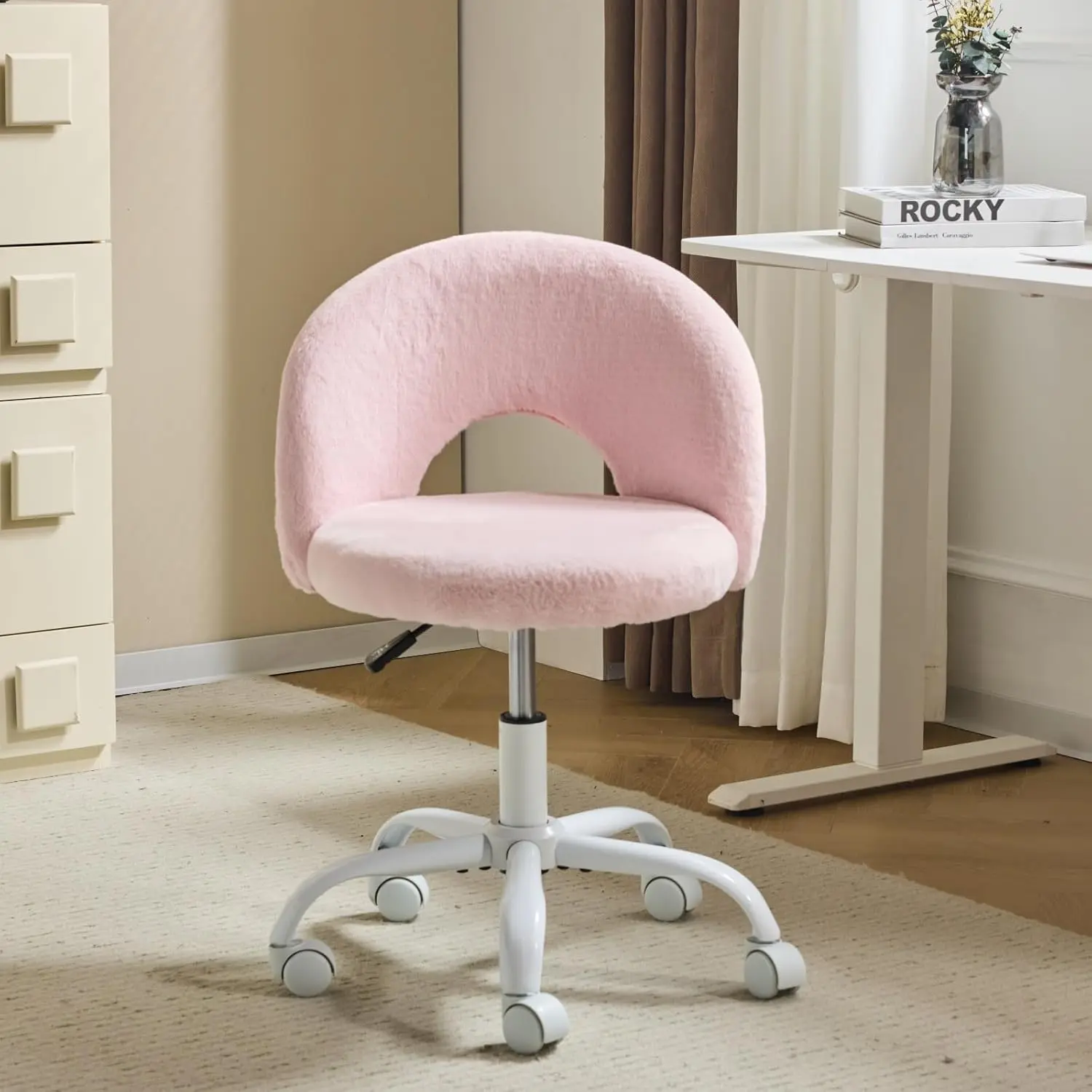 Karlhome Compact Modern Small Vanity Chair for Girls - Faux Fur Wheels, Adjustable Height, Armless, 360° Swivel Rolling, Space-Saving for Makeup Room, Office Desk Study