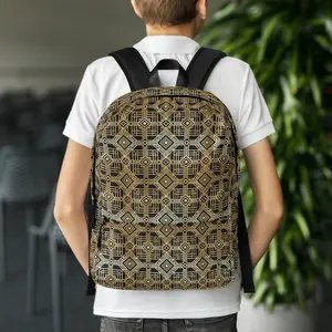 Grid of Gold Backpack – Luxe Polyester, Modern Elegance