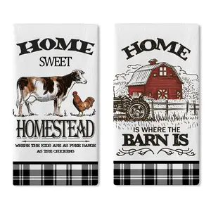 Farm Animal Kitchen Dish Towel Set, Farmhouse Cow Rooster Barn Drying Hand Towel Baking Cooking Cloth, Homestead Tractor Sweet Home Decor 18 x 26 Inch
