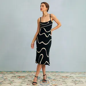 RIHOAS Vintage Elegant Strap Long Dress High & Grade Wave Stripe knitted Mid length Dresses Women's Summer Autumn Ladie Party Clothing Sleeveless Casual Cotton Fabric