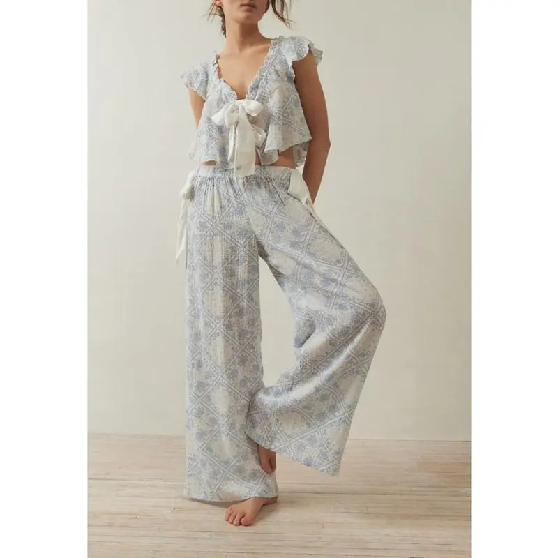Women 2 Piece Pajamas Set Floral Print Tie Front Fly Sleeves Shirt and Elastic Pants for Loungewear Soft Sleepwear