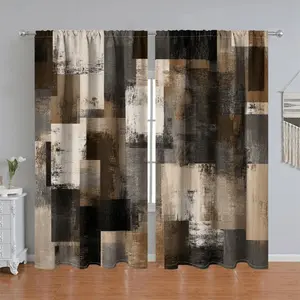 2Pcs Abstract Geometric Block Curtains, Modern Art Design, Pole Pocket Style, Semi-Sunshade, Suitable for Home Living Room, Bedroom, Balcony, Kitchen, Study Window Decoration, Accessory, Anti Privacy.