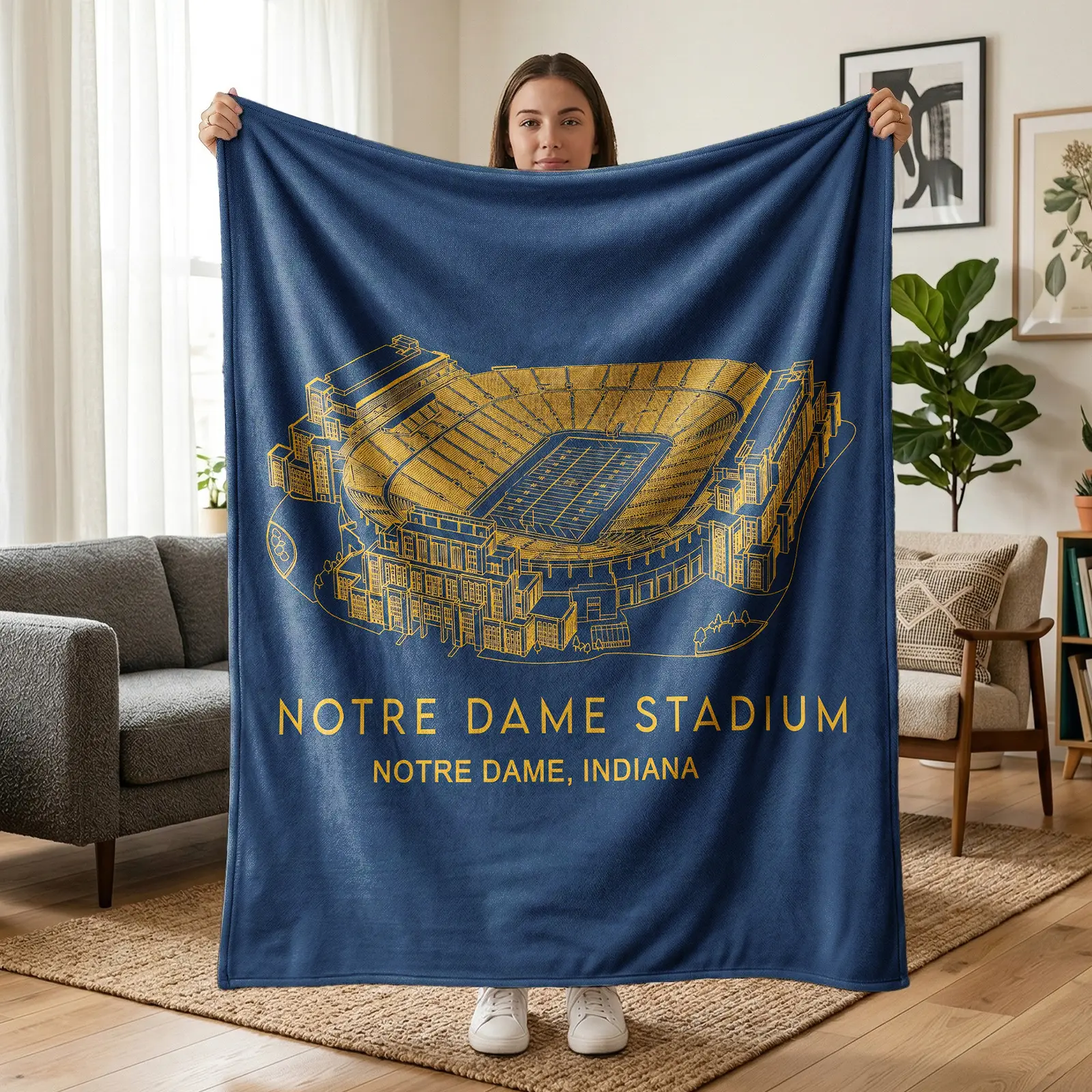 1pc Football Stadium Blueprint Fleece Blanket, Notre Dame Stadium Gold Line Art on Navy Background, Retro Sports Style, Soft Warm Throw for Sofa, Bed, Office, Camping, Ideal Christmas Gift for Sports Fans