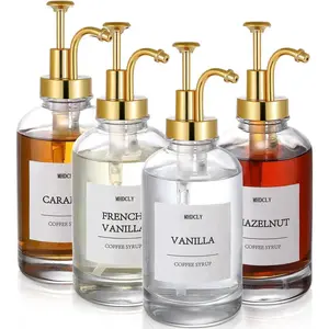 16.9oz 500 ml Coffee Syrup Dispenser Set- 4 Clear Glass Pump Bottles Coffee Bar Accessories with Labels and Collapsible Funnel