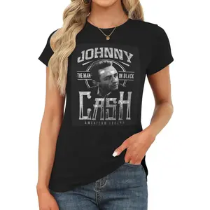 Johnny Cash   Women's round-neck short-sleeved T-shirt, slimming top for going out, sexy basic style T-shirt