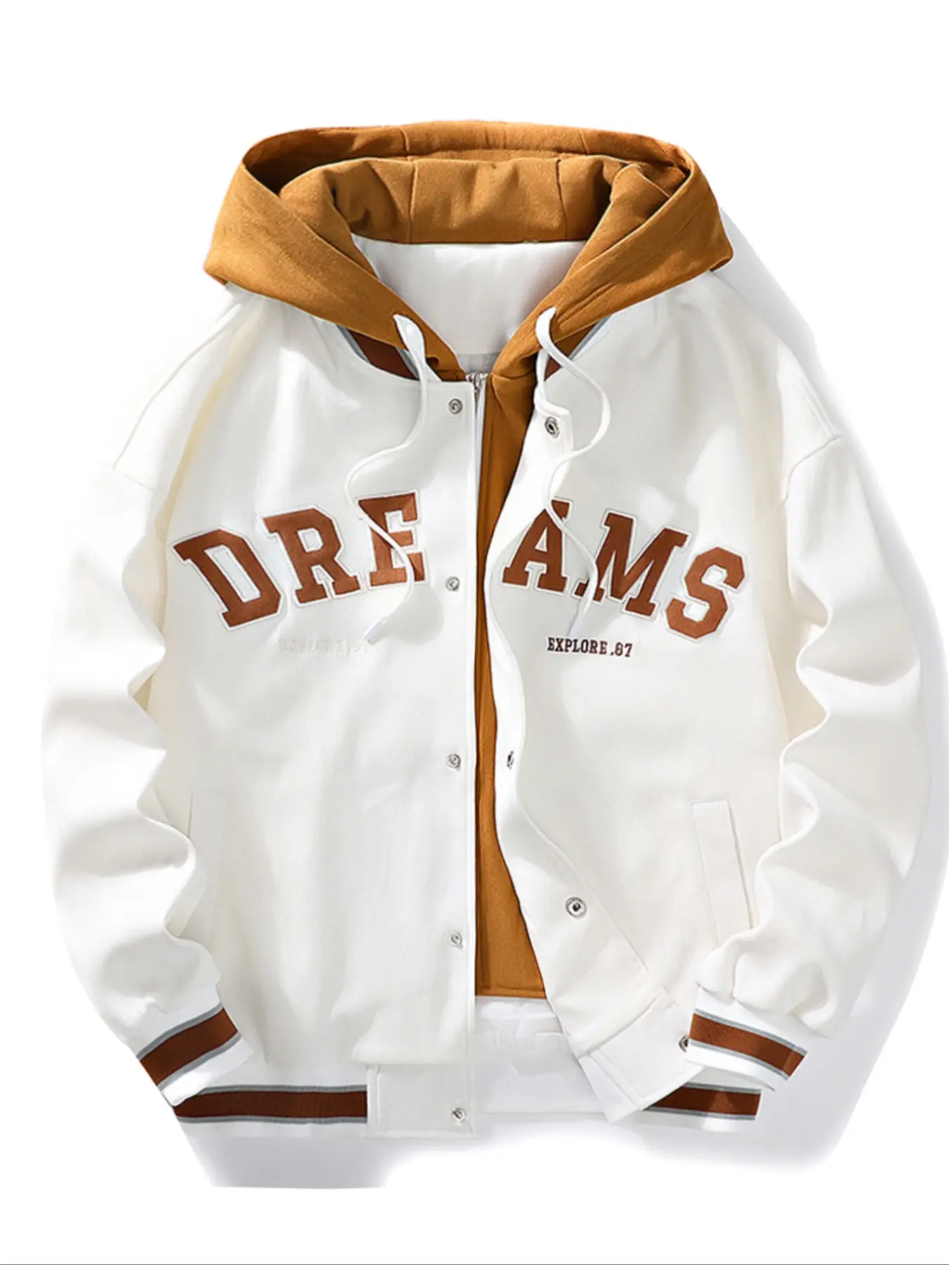 Men's Spring & Fall Embroidered Jacket, Letter Embroidery Design, Faux Two-Piece Hooded Coat, Youth Outdoor Style, American Retro Fit, Vintage Style Outerwear, Casual Fashionable Jacket
