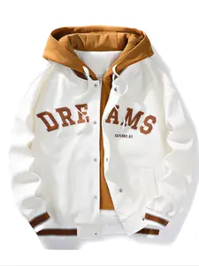 Men's Spring & Fall Embroidered Jacket, Letter Embroidery Design, Faux Two-Piece Hooded Coat, Youth Outdoor Style, American Retro Fit, Casual Style Outerwear