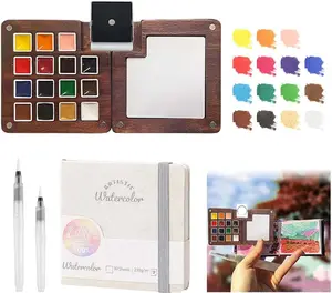 Mini Paint Palette Travel Kit Pocket Watercolor Set with Colours Binder Clips Watercolor Pens Wooden Paint Box for Painters Artists Students