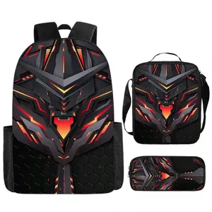 Men's Cyberpunk Armor Pattern 3-Piece School Bag Kit, 4 Neon Colors, Multi-Compartment Storage, Top Carry Handle, Adjustable Straps, Wearproof Lightweight Material, Suitable for Campus Life & Short-Distance Travel