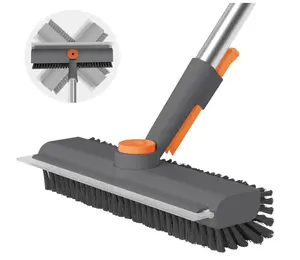 Floor Scrub Brush with Long Handle, 3-in-1 Scraper and Heavy-Duty Stiff Bristle Scrubber Brush for Cleaning Shower, Bathroom, Patio, Pool, Garage, Kitchen, Walls, and Deck (Gray, 1 Pack)