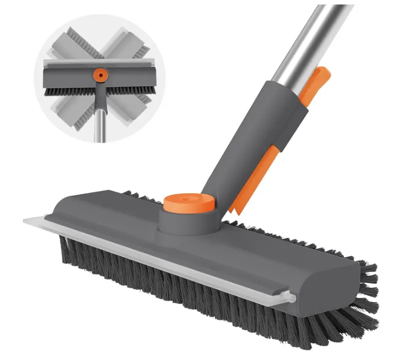 3-in-1 Scraper Broom with Long Handle - Heavy-Duty Stiff Bristle Rubber Broom Scrubber for Cleaning Bathroom, Patio, Garage (Gray, 1 Pack), 3-In-1 Scraper Brooms, Rubber Brooms