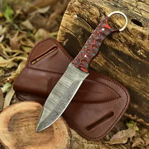 Fixed Blade Hunting Back Belt Tracker Knife Damascus Steel EDC Bushcraft Knives, Full Tang Scout Carry Knife with Leather Sheath, Ideal for Skinning Outdoor Camping, Hunting, Hiking, Survival Knives