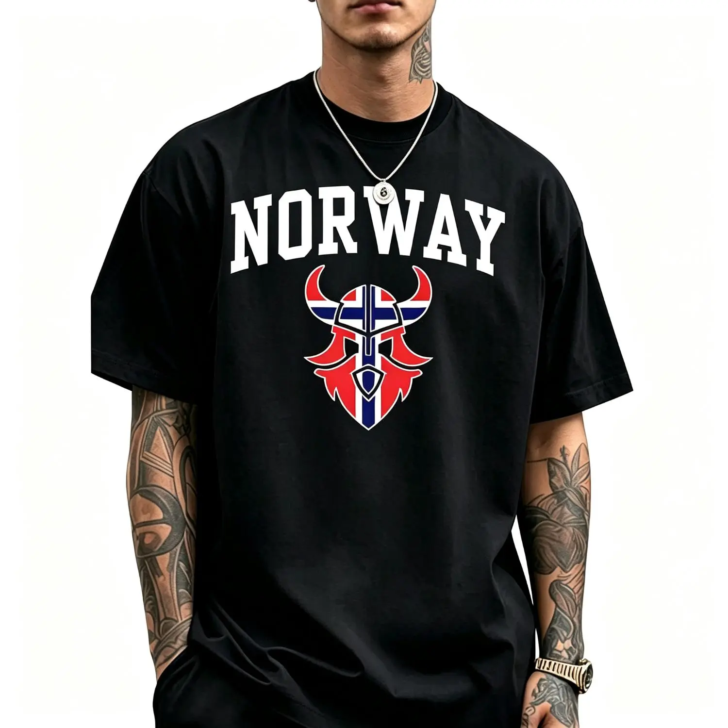 Women's Casual Short-Sleeve Round Neck Graphic Cotton T-Shirt, Norwegian Viking Helmet Flag Design for Heritage Pride Tops, Shortsleeve, Crew Neck, Breathable Cotton, Flag Pride Print, Viking Graphic, Streetwear, Graphic T Shirts