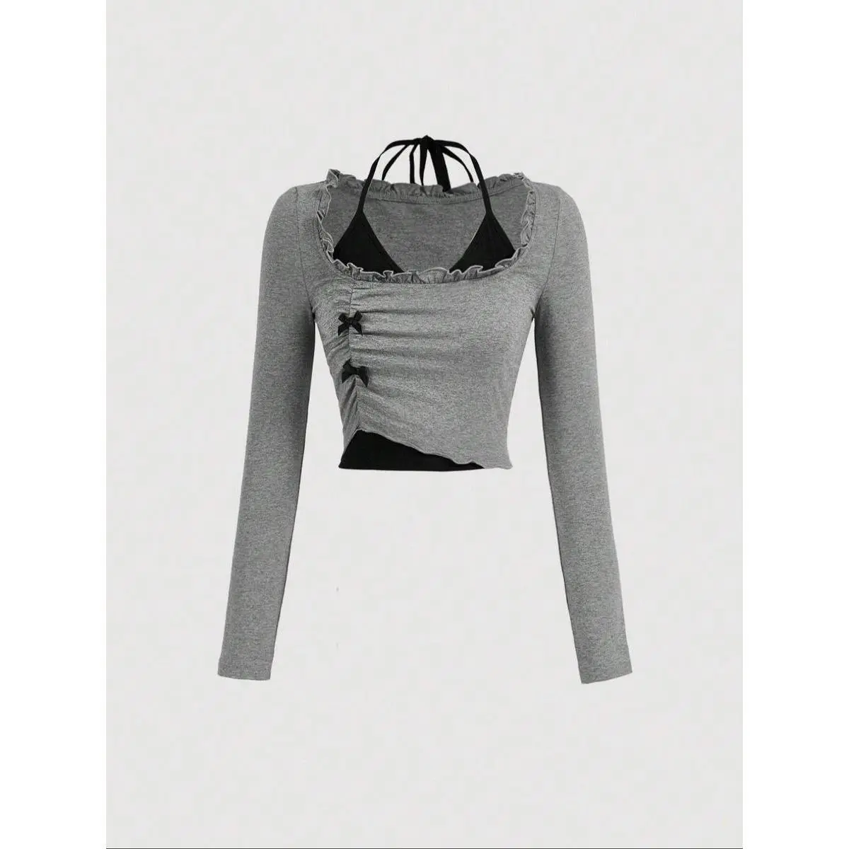(New)Women's 2 in 1 Bow Decor Frill Halter Tee, Y2K  Casual Tie Back Long Sleeve T-shirt for Fall & Winter, Women's Clothes for Daily Wear, Lady Top
