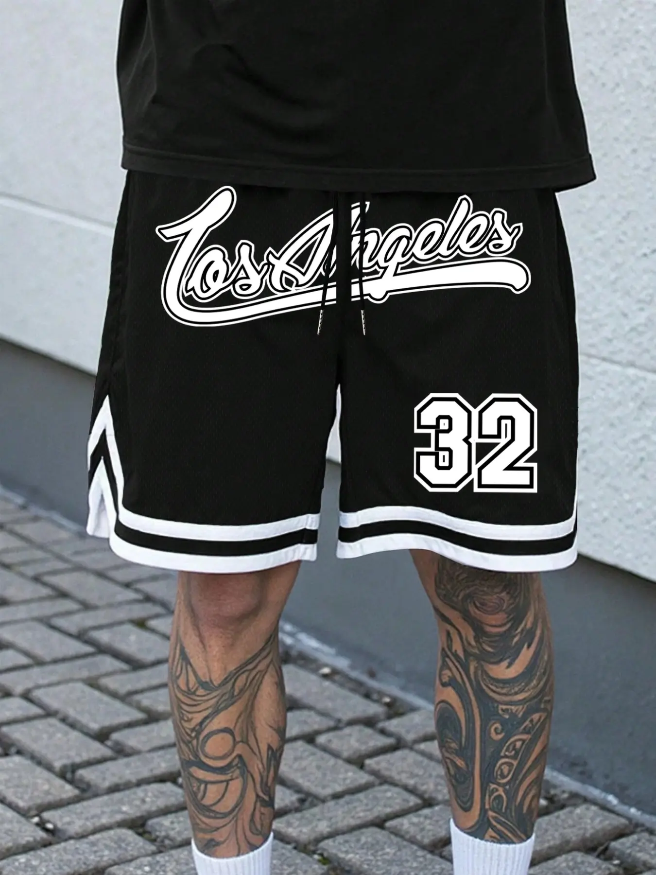 Men's Summer Casual Loose Fit Athleisure Street Shorts, Los Angeles & Number 32 Pattern, Ideal for Sports, Fitness, Daily Wear, Trendy Breathable Five-Pocket Pants