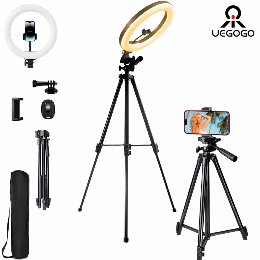 UEGOGO 10" 3-Color LED Ring Light Kit with 50.3in Adjustable Metal Tripod Stand, 2 Phone Holders, Bluetooth Remote, GoPro Mount, Equipment Videography, Portable for TikTok Live, Makeup & Selfies