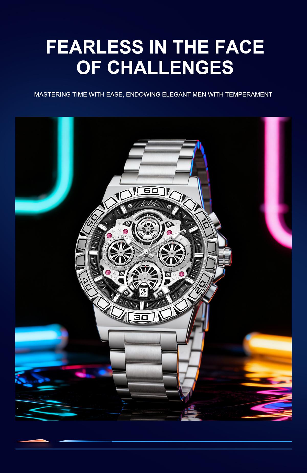 Lushika Men's Luxury Quartz Watch, High-End Movement,Date Function, Stainless Steel Strap, Waterproof LuminousLarge Dial, Versatile Casual & Business Style, Ideal forDaily & Official Wear, Top Gift for Men