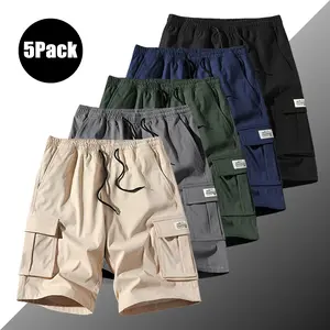 Men's 5-Pack Polyester Fabric Workwear Shorts - Plain, Straight, Breathable, Utility Pockets, Adjustable Waist - Menswear for Construction, Hiking fathersdaygift