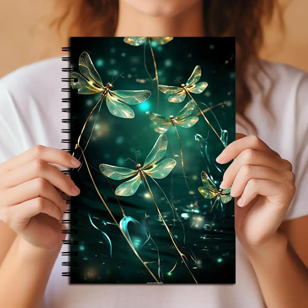 Dragonfly Spiral Notebook, Aesthetic Boho Glitter Design, College Ruled Journal, Durable Coil Binding, Premium Paper