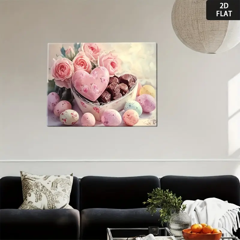 2D Flat Surface, 1 Piece Light Pink and Brown Heart-Shaped Chocolate Box Canvas Painting - Waterproof Wall Decoration Art Poster - Elegant Floral Candy Decoration, Suitable for Living Room, Bedroom, Office - Valentine's Day, Mother's Day, Housewarming Gif