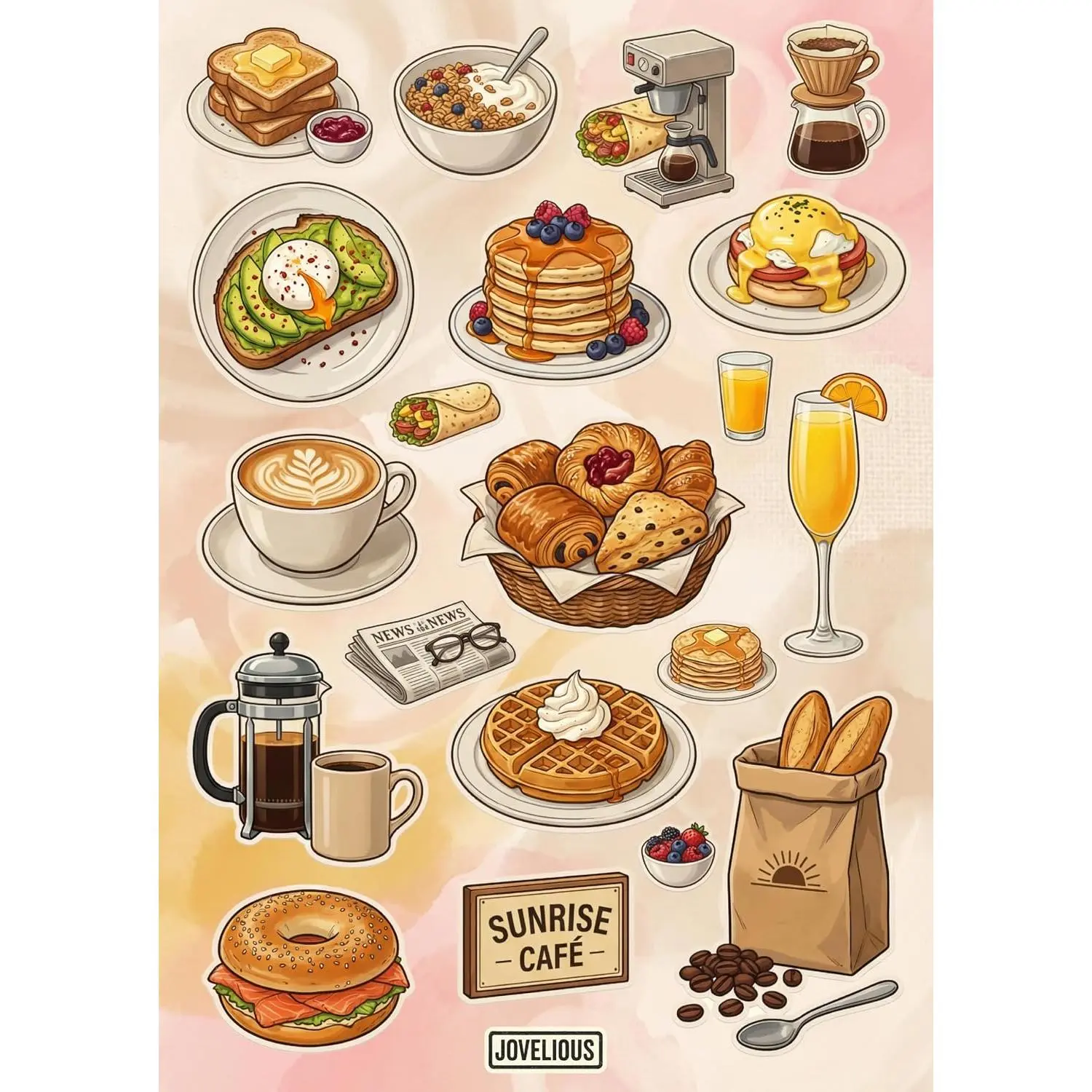 Brunch and Cafe Treats Sticker Sheet, A5 Matte Vinyl Kiss Cut Stickers, Designed in Brooklyn, Coffee