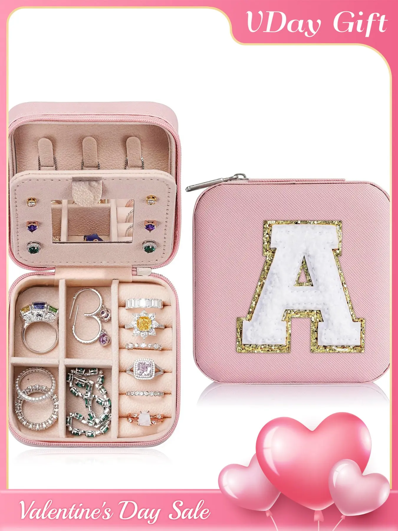 Mother's Day Gift Portable Jewelry Box with Mirror for Gift, Stylish Sequin Decorated Letter Pattern Jewelry Organizer, Cute Zipper Jewelry Storage Box for Women and Girls, Jewelry Holder Organizer