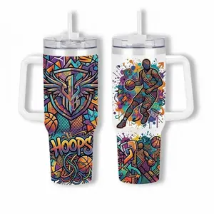 40oz Hoops Basketball Tumbler Cup With Handle – Colorful Graffiti Sports Travel Mug for Basketball Fans