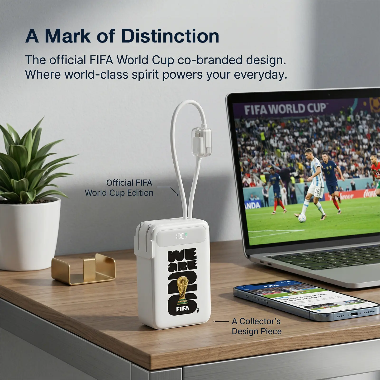 Official FIFA World Cup 2026 Edition, 3-in-1 Power Bank with Built-in Cable and Foldable Wall Plug, 22.5W Max 10000mAh Portable Charger Power Bank for iPhone 17/16 Series, Galaxy S26/S25, White,back to school tiktokshopbacktoschool
