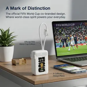 FIFA World Cup 2026 10000mAh Magnetic Power Bank with Built-in Cable and Stand, 15W Max Wireless, 22.5W Max Battery Pack for iPhone 17/16 Series, Apple Watch, Galaxy, Titanium Silver