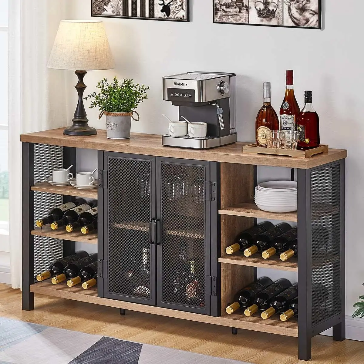 Industrial Wine Bar Cabinet for Liquor and Glasses, Farmhouse Wood Coffee Cabinet with Wine Rack, Metal Sideboard and Buffet Cabinet (55 Inch, Rustic Oak)