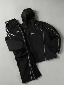 American high-street windproof two-piece set — hooded jacket + long pants, featuring a striped color-block design, letter print, and high-density windproof waterproof fabric, with reinforced stitching; wear-resistant, wrinkle-resistant, and perfect for ev