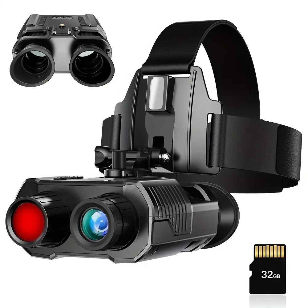 Head Mounted Binoculars for Adults - Camping Gear, 8x Digital Zoom, 1080P Full HD Video, 12MP Photos, Helmet Compatible, 300m Range, 32GB Memory Card Included, 3W High-Power IR with 7 Brightness Levels Night Vision Goggles