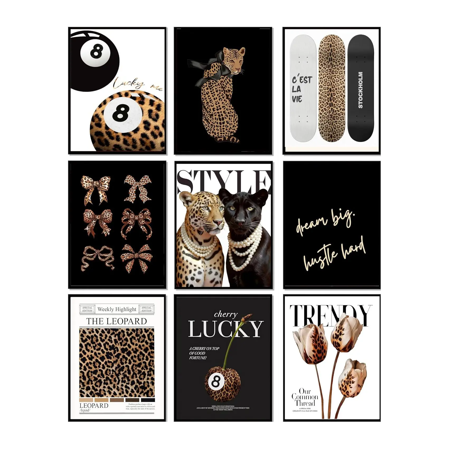 9pcs/set Leopard Paw with Diamonds, 'THE LEOPARD' Magazine Cover & Leopard with Diamond Necklaces Canvas Poster Frameless Wall Art, Leopard Print Design, Decoration, Artistic