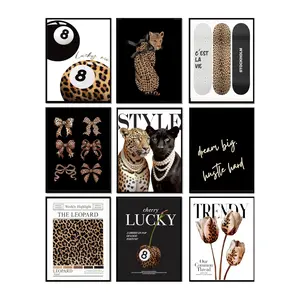 9pcs/set Leopard Paw with Diamonds, 'THE LEOPARD' Magazine Cover & Leopard with Diamond Necklaces Canvas Poster Frameless Wall Art