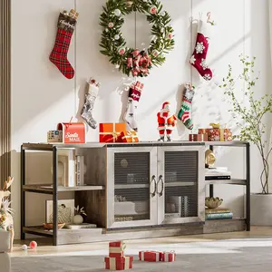 Gaomon Rustic Gray TV Stand for 55-75 Inch TVs, Easy MDF Wood Farmhouse Entertainment Center with Open Shelves, Storage Cabinets, Industrial Mesh Doors and Cable Hole