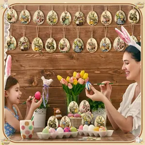 Vintage Easter Decoration Set, 24-Piece Bunny Egg-Shaped Wooden Pieces, Wood Craft Artisanal Hanging Decorations for Easter Party
