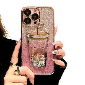 Luxury Designer Quicksand Milk Tea Cup Fashion iPhone Case for iPhone 13, 14, 15, 16Pro Max with Bling Glitter and Shockproof Protection
