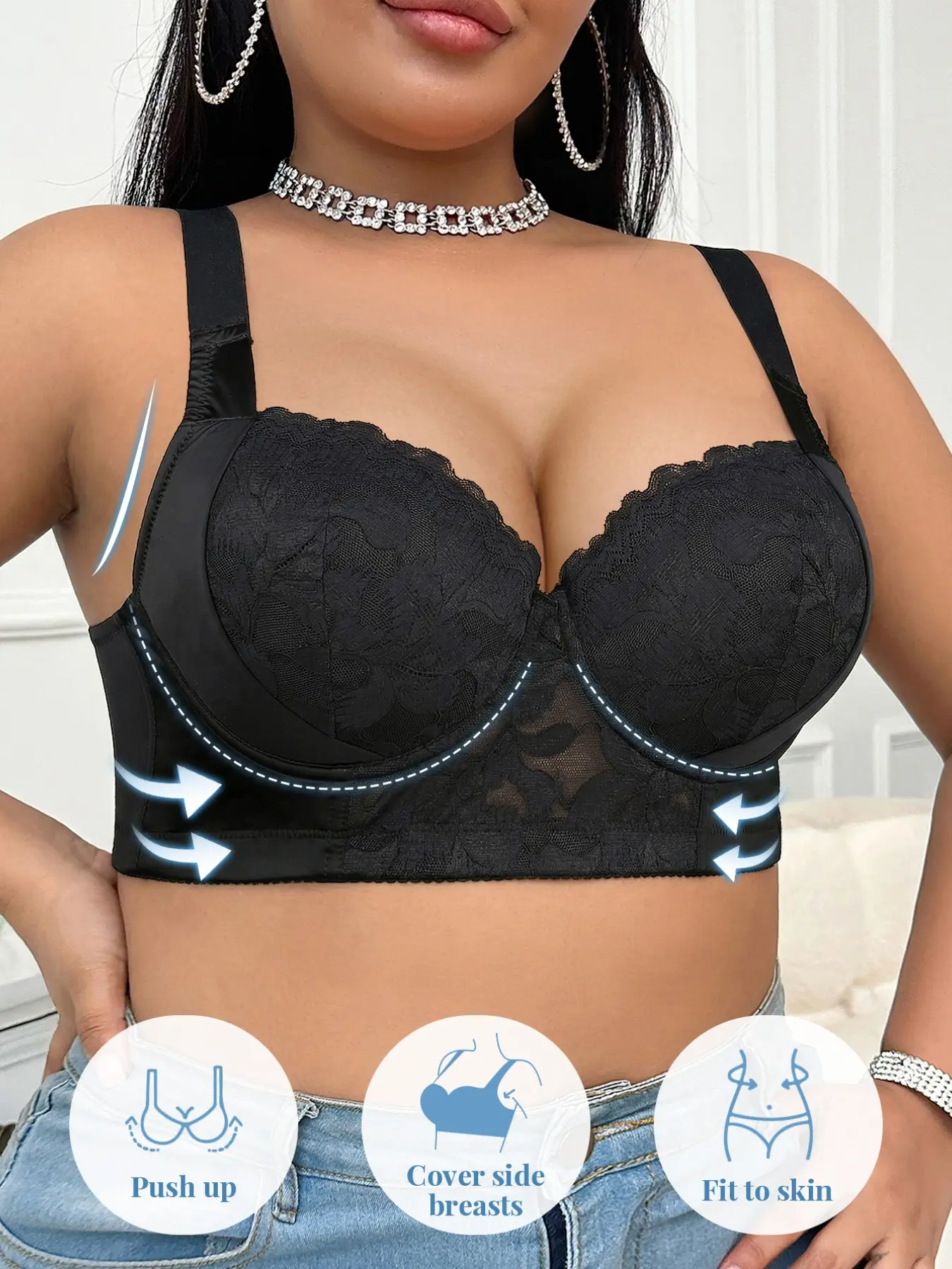 Plus-size elegant sheer lace push-up bra, wide side lift anti-sag, U-back shaping & underarm fat control, adjustable stretch wide straps, full cup skin-friendly breathable Fit, all-season daily wear, Lace Bras, Underwear