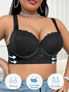 Plus-size elegant sheer lace push-up bra, wide side lift anti-sag, U-back shaping & underarm fat control, adjustable stretch wide straps, full cup skin-friendly breathable Fit, all-season daily wear, Underwear