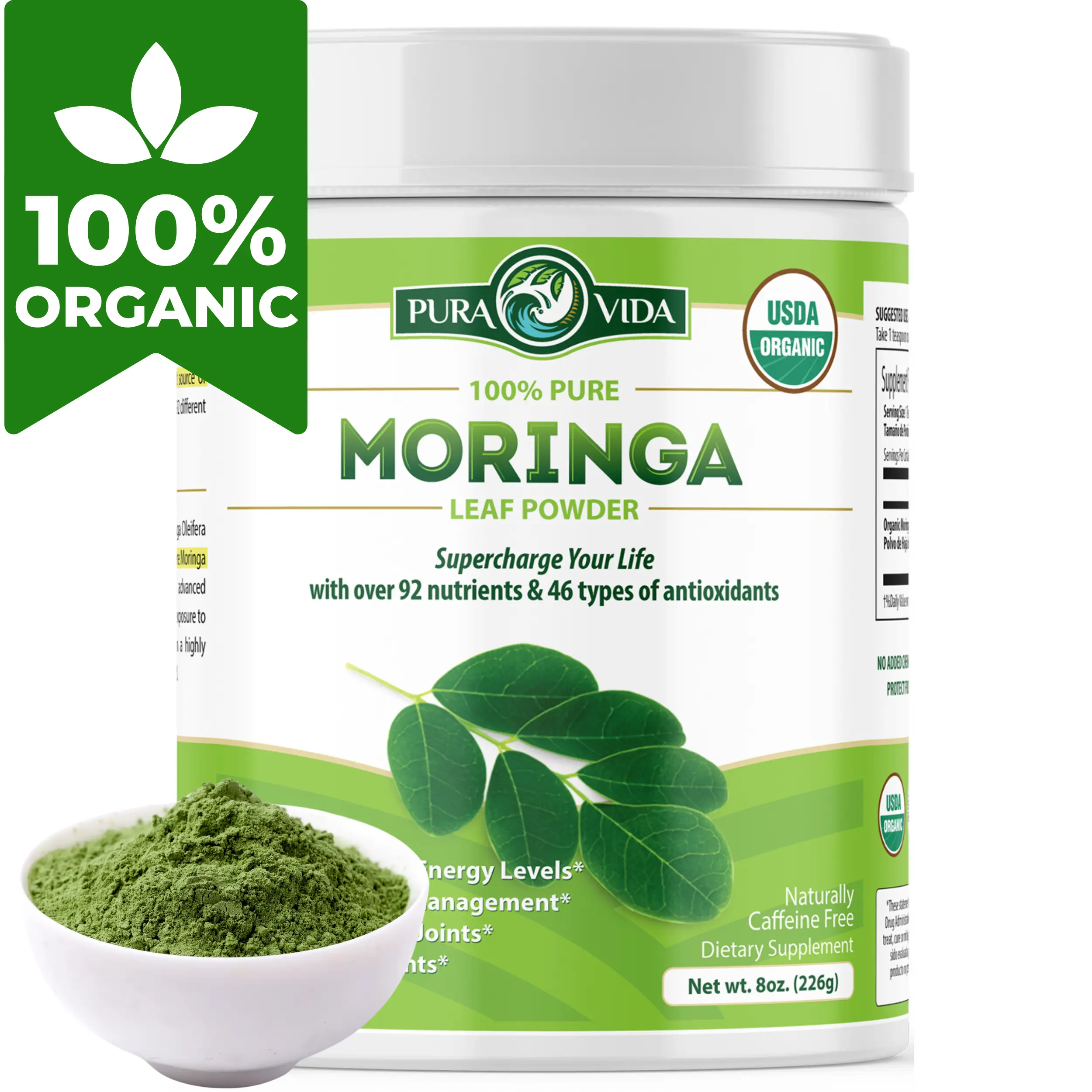 Pura Vida Moringa Powder - 100% Leaf Powder USDA Organic