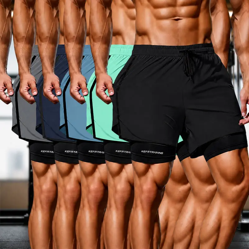 5-pack men’s double-layer padded anti-chafing fitness shorts; quick-dry sweat-wicking drawstring elastic running training shorts; summer sports anti-friction tight-fit lined athletic bottoms