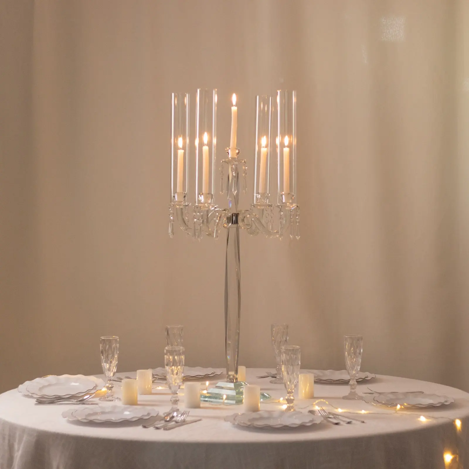 Crystal 4-Arm Candelabra Taper Candle Holder with Hurricane Glass Shades – Table Centerpiece with Pedestal Base & Hanging Crystal Accents - 38" Tall