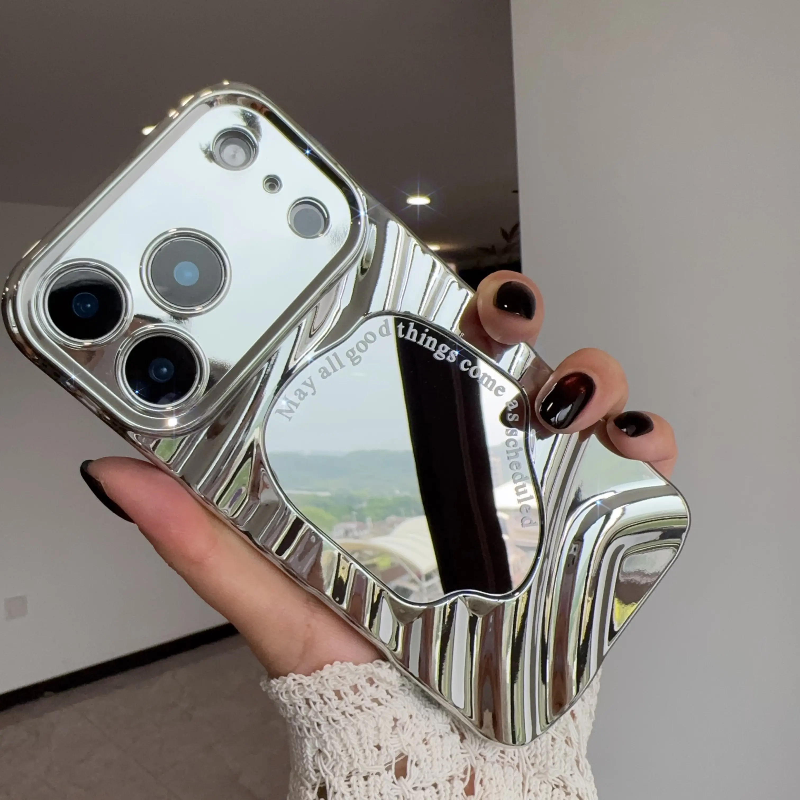 Mirror-Wave Style Silver Smartphone Protective Casing for iPhone 17 Pro Max,16,16 Plus,15,14,13 - Women’s Decorative Phone Protector Cover with Lens Cover & Camera Coverage, Cellphone Accessory